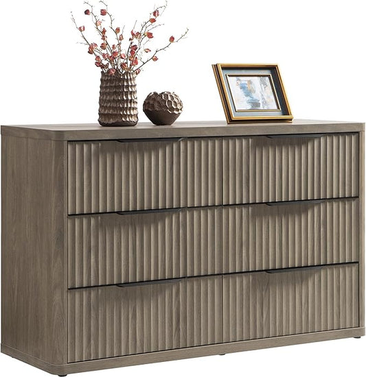 SICOTAS Dresser for Bedroom 6 Drawer Dressers & Chests of Drawers for Closet Long Large Modern TV Stand Set for Clothes Storage Fluted Wide Clothes Closet for Hallway Entryway (Grey Alder, 1 Piece)
