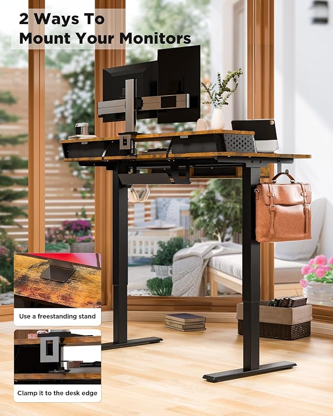 FiCiHi Adjustable Height Standing Desk with 4 Drawers,40 x 24 inches Electric Sit Stand Home Office Desk with Two Tiers, 3 Memory Presets, Monitor Stand Riser, C-Clamp Mount Compatible