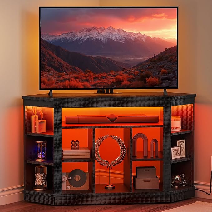 YITAHOME CornerTV Stand for 55 Inch TV, Modern Black TV Stand with Wheels for PS5, LED Gaming Entertainment Center with Power Outlets, Gaming TV Console Cabinet, Black Carbon Fiber