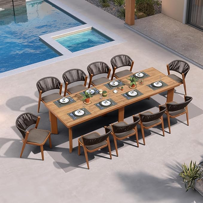 PURPLE LEAF 11-Piece Patio Dining Set Outdoor Furniture Rectangular Table and Chairs Set with Aluminum Frame and Teak-Finish for Garden Deck Backyard Kitchen Deep Teak Outdoor Set
