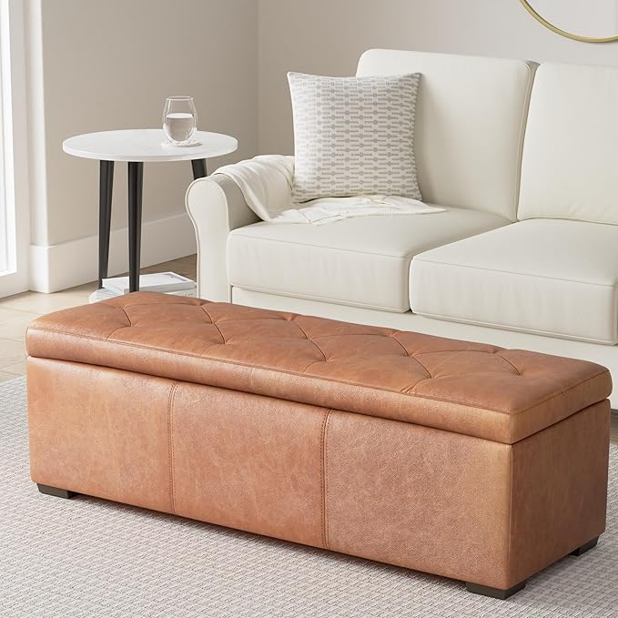 Poly & Bark Senja Storage Ottoman – 52" Large with Feather-Down Topper – Full-Grain Leather Upholstered Ottoman Box – Bench or Bedroom Storage – Vintage Italian Leather in Cognac Tan