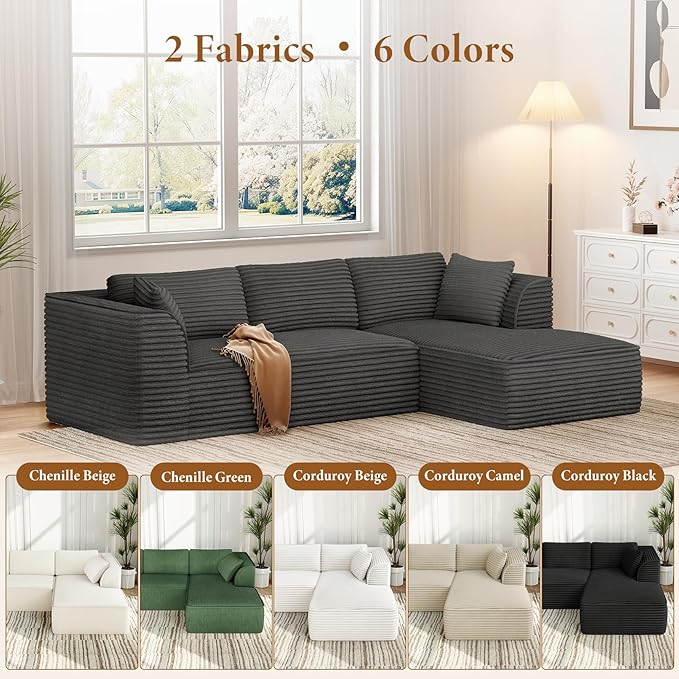 Vesgantti 106" Modular Sectional Sofa with Chaise, Deep Seat Comfy Cloud Couch Corduroy L Shaped Sofa Sectional Couches for Living Room Bedroom, No Assembly Required (Grey, Right-Facing Chaise)