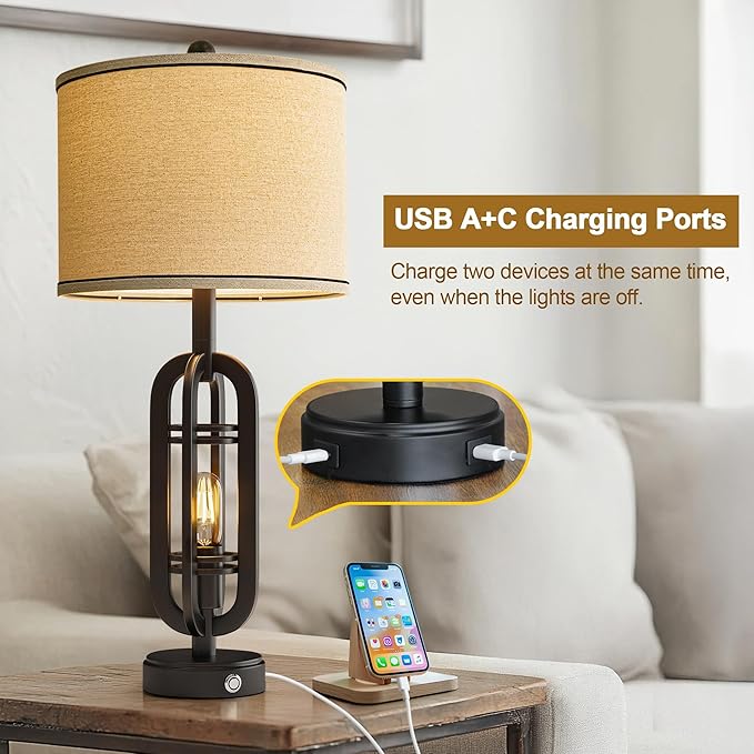 27.25'' Table Lamps Set of 2 for Living Room Bedroom Industrial Farmhouse Metal Touch Lamps with USB A+C Ports, Night Light Vintage Nightstand Bedside Lamp, Bulbs Included, Black