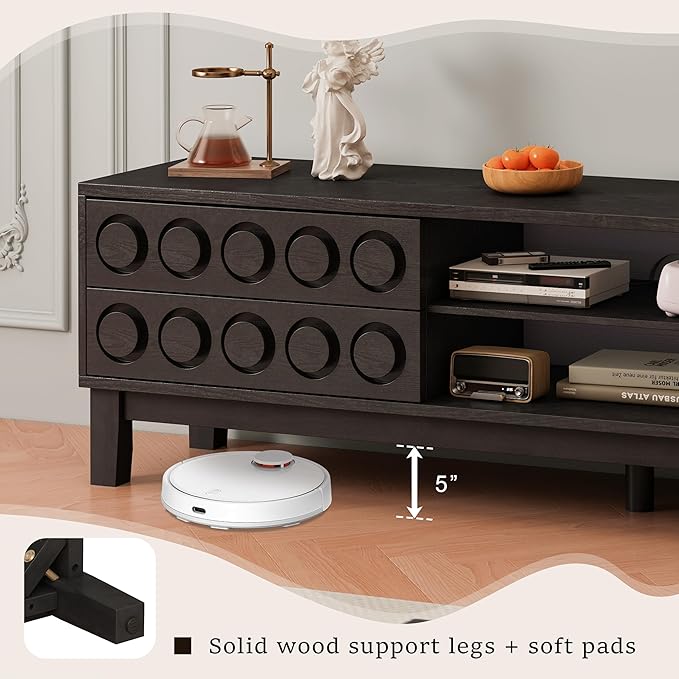 70" Modern TV Stand, Entertainment Center for Tvs up to 75", Unique Circular Design, TV Media Console with 4 Drawer & Open Storage for Living Room (Black)