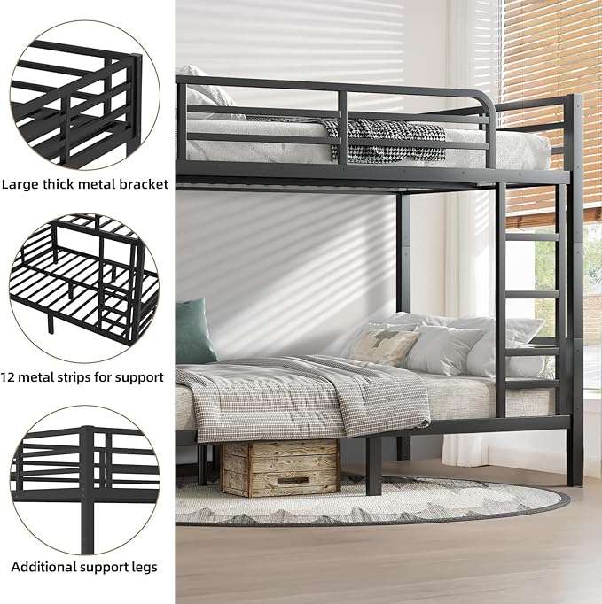 Full Over Full Bunk Bed Frame, Heavy Duty Metal Loft Bed for Adults/Teens, 350/500LB Capacity w/Ladder & Guardrail, Noise-Free Steel Slats, No Box Spring Required, Black