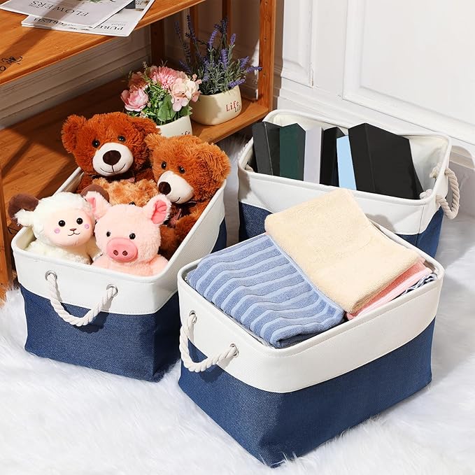 meekoo 8 Pack Collapsible Storage Bins Fabric Storage Bins Polyester Fabric Baskets with Handles Linen Closet Organizer for Shelf Home Closet Towels Toys(12 x 12 x 12 in,Blue White)