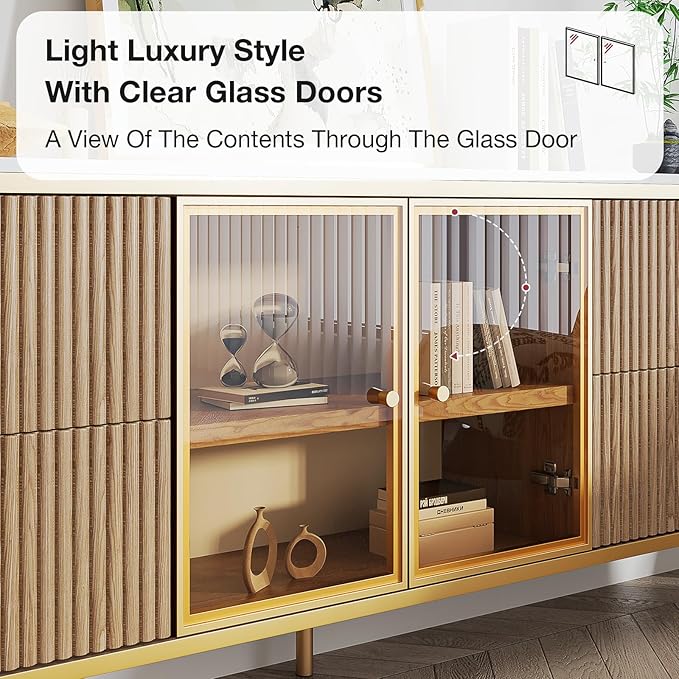 Luxury 70" Fluted TV Stand for TVs Up to 75", Modern Entertainment Center with Faux Marble Top, Media Console with Curved Profile Design, Television Stands for Living Room, Wood