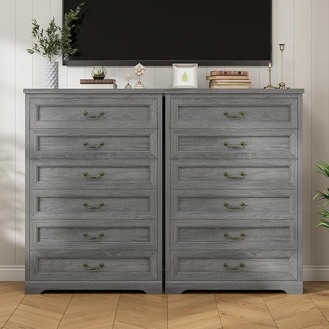 DICTAC Farmhouse 6 Drawers Dresser for Bedroom,51.2" Tall Rustic Wood Chest of Drawers,Large Storage Chest with Vintage Metal Handles, White Dresser for Bedroom,Closet,Hallway,Oak Grey