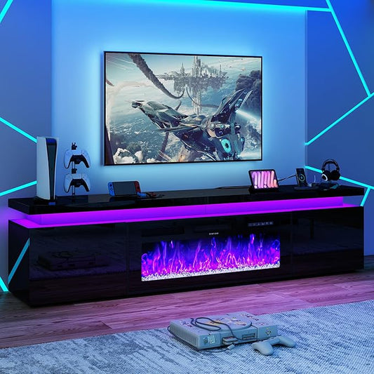 Fireplace TV Stand for 80" TV, 71" LED TV Stand with 40" Electric Fireplace & Power Outlet, High Gloss Surface, 2 Storage Cabinet, Modern Style (71 Inch, Black