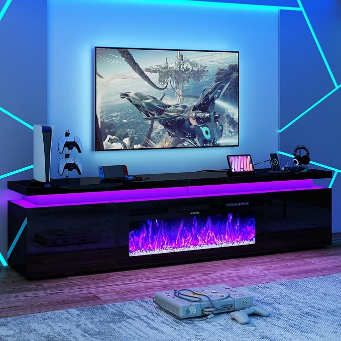 Fireplace TV Stand for 95" TV, 83" LED TV Stand with 40" Electric Fireplace & Power Outlet, High Gloss Surface, 2 Storage Cabinet, Modern Style (83 Inch, Black