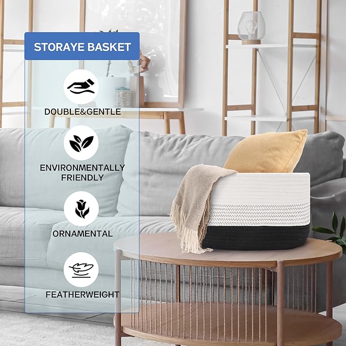 4 Pack Woven Storage Baskets for Organizing - Cotton Rope Baskets for Closet, Toys, Books, Towels, Durable Storage Bins for Shelves, Living Room, Bedroom, 14.76''Lx9.84''Wx8.86''H (Black, 13")