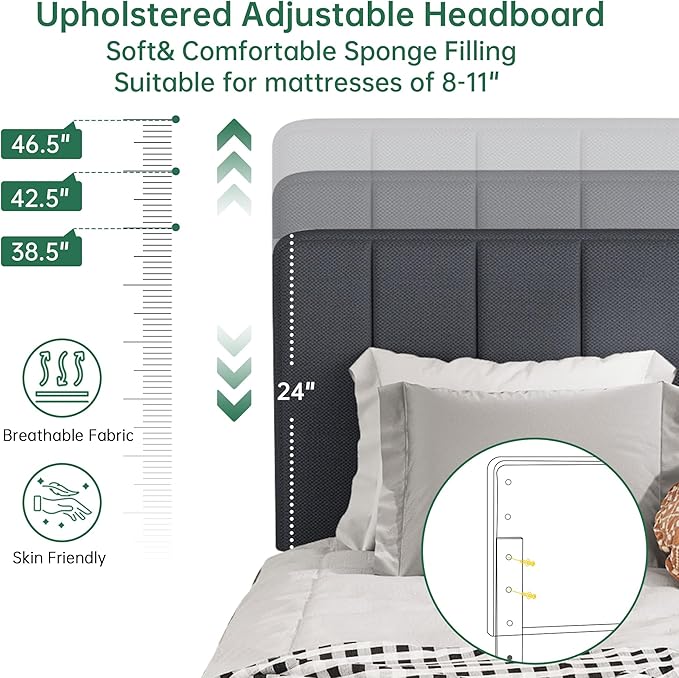 Full Size Bed Frame with Headboard,Fabric Upholstered Platform Bed Frame with Wooden Slats Support,No Box Spring Needed/Non-Slip Without Noise/Easy Assembly, Darkgrey