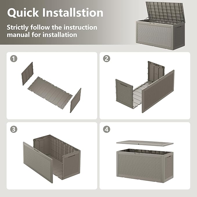 100 Gallon Resin Outdoor Storage Box,Waterproof Deck Box Lockable for Patio Furniture Cushions, Garden Tools, Heavy-Duty Double-Wall Structure with Gas Lift and Reinforced Seat Lid, Grey