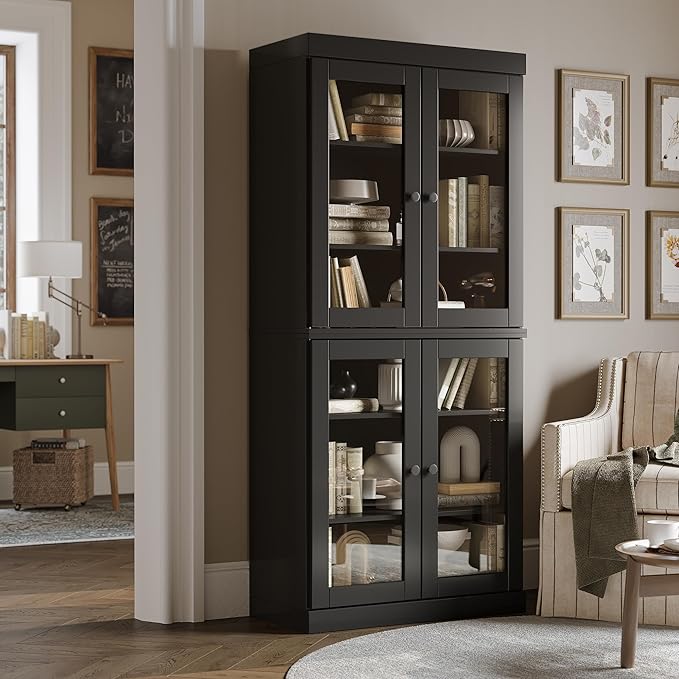 Palace Imports Solid Wood Bookcase - 6-Tier Bookshelf, 71.5” H x 32” W - Black, Clear Glass Cabinet Doors & Adjustable Shelves, Tall Bookcase, 100% Renewable Eco-Friendly Wood, Made in Brazil