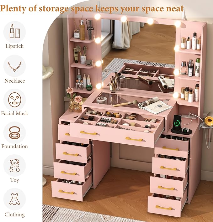 Glass Top Vanity Desk with Mirror and Lights, Large Vanity Makeup Mirror Desk with Charging Station Compartment Storage Drawers, Modern Makeup Vanity with 9 Drawers 6 Shelves, Pink