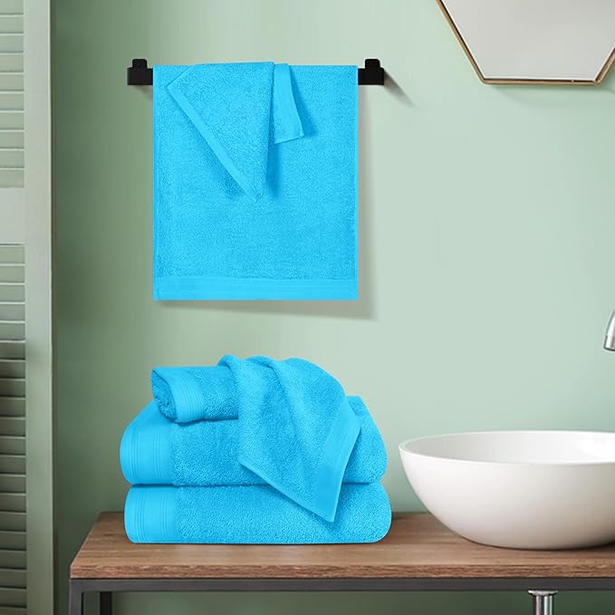 Ultra Soft 6 Pack Cotton Towel Set, Contains 2 Bath Towels 28x55 inch, 2 Hand Towels 16x24 inch & 2 Wash Coths 12x12 inch, Ideal Everyday use, Compact & Lightweight - Turquoise Blue