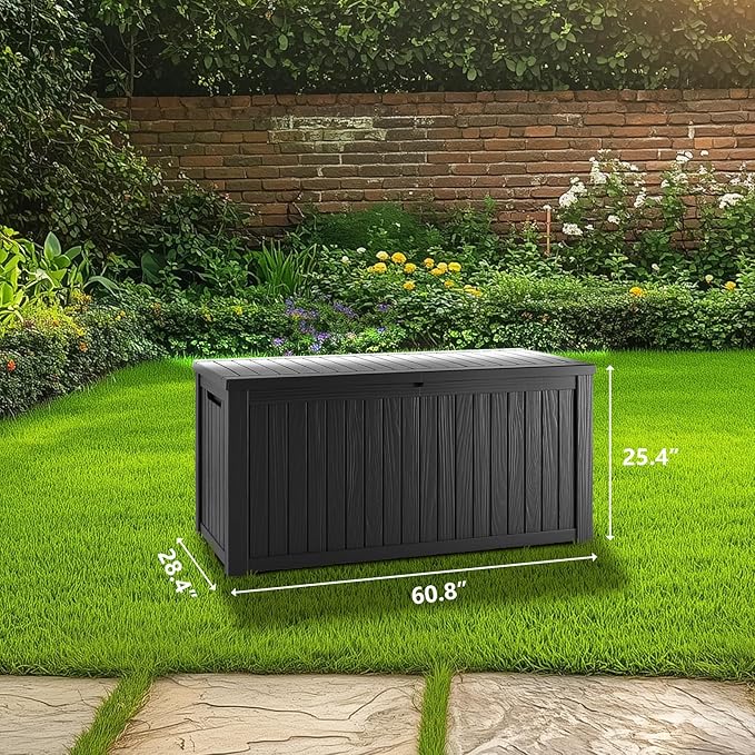 180 Gallon Waterproof Deck Box, Lockable Resin Storage Box for Patio Furniture Cushions Garden Tools and Outdoor Delivery Storage, Black