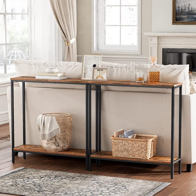 HOOBRO 29.5"L Narrow Console Table, 8.7"D Couch Table Behind Sofa, Small Entryway Table with 2-Tier Storage Display Shelves, for Hallway, Foyer, Living Room, Bedroom, Rustic Brown and Black BF22XG01