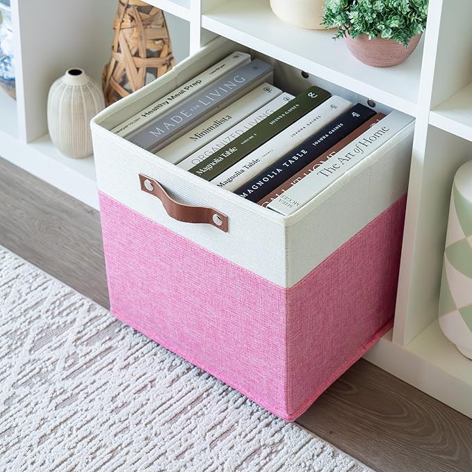 OrganiHaus 12x12 Fabric Storage Bins - Set of 4, Cube Fabric Organizer Bins with Vegan Handles, Kallax Storage Cubes, Cubbies Organizer Boxes, 12Inch Cubic Baskets for Shelves - Pink/White