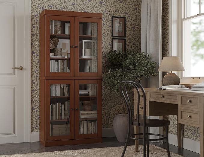 Palace Imports Solid Wood Bookcase - 6-Tier Tall Bookshelf, 71.5” H x 32” W - Mocha, Clear Glass Cabinet Doors & Adjustable Shelves for Living Room, 100% Renewable Eco-Friendly Wood, Made in Brazil