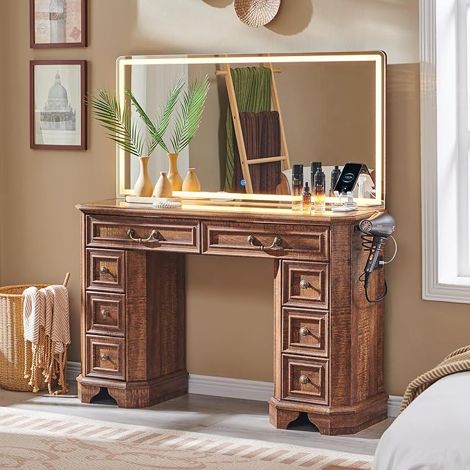 Vanity Desk with Mirror and Lights, 48'' LED Lights Farmhouse Makeup Vanity with 8 Drawers, Vanity Table with 3 Color Modes, Dressing Table with Glass Top and Power for Bedroom(Reclaimed Barnwood)