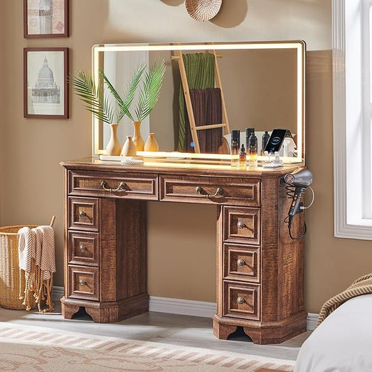T4TREAM Makeup Vanity Desk with 48" HD Lighted Mirror, Farmhouse Vanity Desk with 8 Drawers, Vanity Table with 3 Color Modes, Dressing Table with Glass Top and Power for Bedroom(Reclaimed Barnwood)
