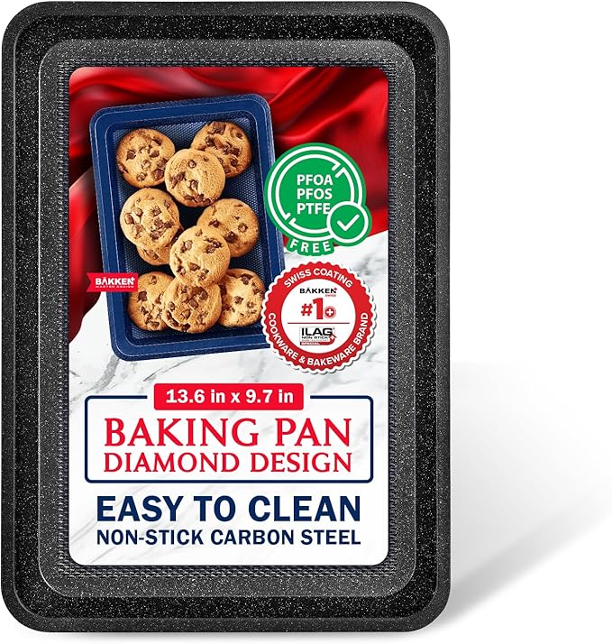 BAKKEN Kitchen Baking Pans - Nonstick Gray Coating, 13.58’’ × 9.65’’ Commercial Grade Carbon Steel Cookie Sheet, Diamond Texture Bottom, PFOA, PFOS, PTFE Free, Oven Safe Tray (450°F), Gray Marble