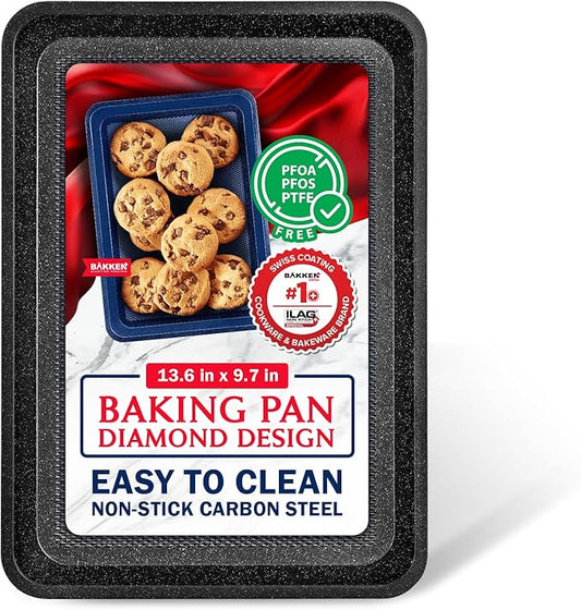 BAKKEN Kitchen Baking Pans - Nonstick Gray Coating, 13.58’’ × 9.65’’ Commercial Grade Carbon Steel Cookie Sheet, Diamond Texture Bottom, PFOA, PFOS, PTFE Free, Oven Safe Tray (450°F), Gray Marble