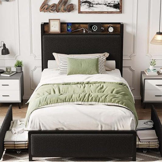 Twin Size Bed Frame with 2 Storage Drawers and Charging Station, Rustic Linen Upholstered Platform Bedframe with Storage Headboard, Heavy Duty, No Box Spring Needed, Easy Assembly, Noise Free, Black