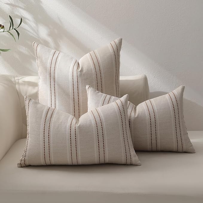 Hckot Rust Throw Pillow Covers 20x20 Set of 2 Striped Fall Pillow Covers Textured Linen Decorative Pillows Square Cushion Covers for Sofa Couch Bed Living Room Farmhouse Decor