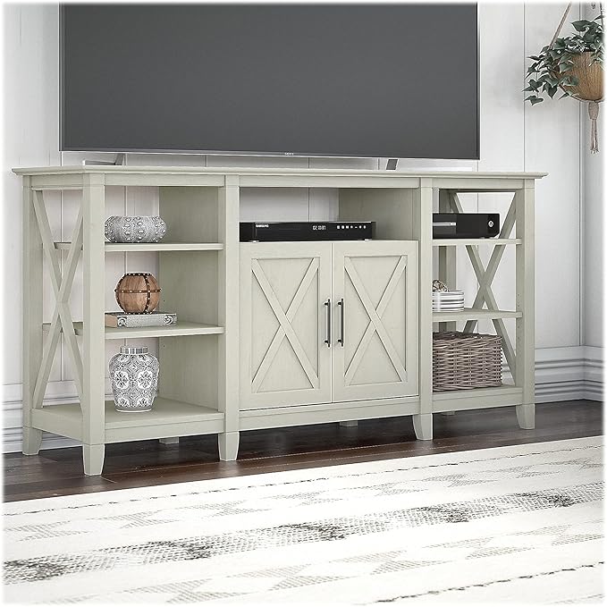 Bush Furniture Key West Tall TV Stand for 65 Inch TV in Linen White Oak, Farmhouse Entertainment Center with Storage