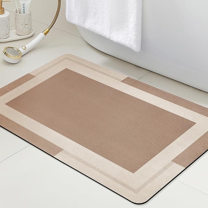 Ultra Thin Bath Mats Fit Under Door, Upgrade Backing Non Slip Bath Mat, Quick Dry Ultra Absorbent Bath Mat, Machine Washable Bathroom Rugs for Bathroom Floor, Bathtub, Kitchen, Taupe, 24"x17"