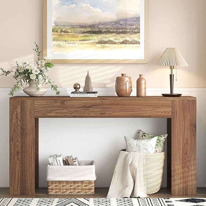 63-Inch Long Console Table with LED Light, Farmhouse Sofa Table Behind Couch, Wooden Console Table for Entryway, Hallway, Entrance, Living Room