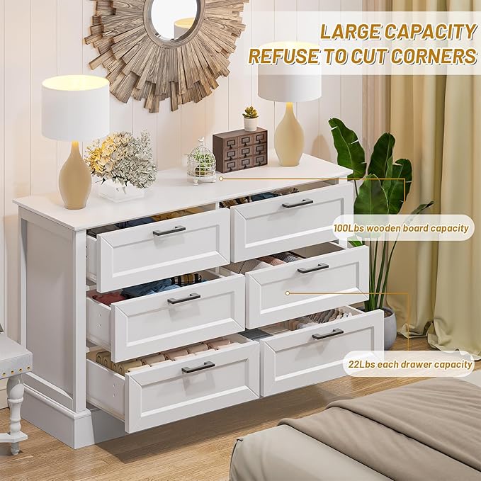 White Dresser for Bedroom with 6 Drawer, Bedroom Furniture Organizer Storage, Wood Double Dresser & Chest of Drawers, Modern Farmhouse Style, Dressers for Closet, Living Room 30” Tall