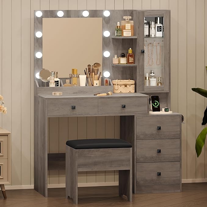 Vanity Desk with Mirror and Lights, Grey Makeup Vanity with 5 Drawers Hidden Jewelry Organizer& LED Glass Cabinet,3 Light Mode and Brightness Adjusted,Vanities Mirror with Lights Desk and Chair