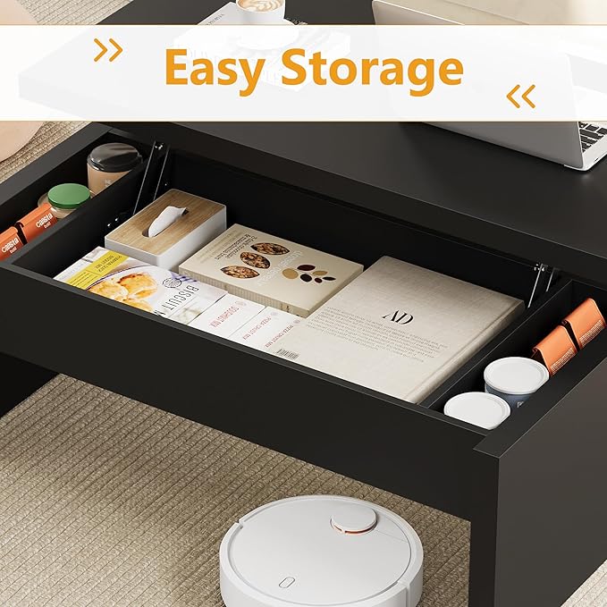 Small Lift Top Coffee Table, Wood Rectangle Coffee Table with Lifting Top and Hidden Storage Compartment, Modern Mid Century Center Tables for Small Space, Living Room, Office-Black