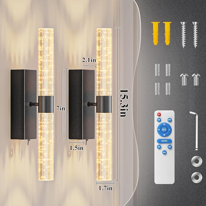 Battery Operated Black Wall Sconces Set of 2 Rechargeable Battery Powered Wall Light with 12000mAh Indoor Not Hardwired Dimmable Wall Lamp Fixtures for Bedroom Living Room 15.3 Inches