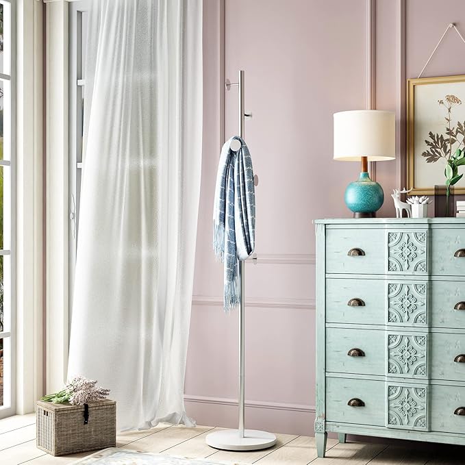 Silver Coat Racks, Metal Coat Rack Freestanding with Hooks, Entryway Coat Rack Stand, Coat Racks with Marble Base, Coat Tree for Hanging Clothes, Hats, Bags