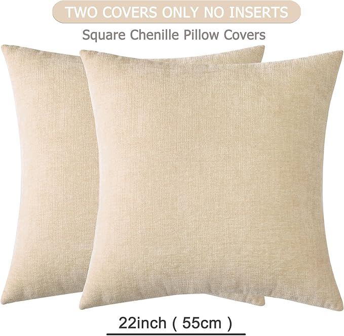 GAWAMAY Decorative Square Throw Pillow Covers 22"x22" Inch Set of 2, Super Soft Chenille Pillows Farmhouse Fall Pillowcase for Living Room Bedroom Sofa Couch Cushion Cover Beige 55x55cm (No Insert)