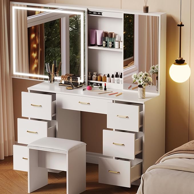 Vanity Desk with Lighted Mirror, Makeup Vanity with Sliding Jewelry Storage & Cabinet, White Vanity Set with Adjustable Brightness, Dressing Table with 7 Drawers (Jewelry Storage & Stool)