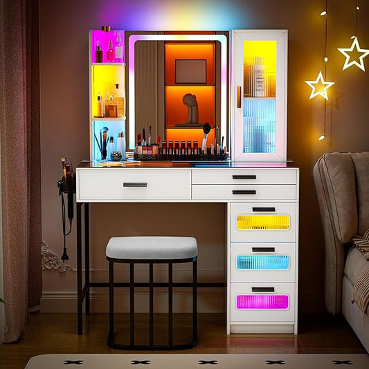 Vanity Desk with Mirror and RGB Lights，Glass top Makeup Vanity Table Set with Stool & Charging Station, Dressing Table with RGB Cabinet,6 Drawers,Lipstick Grid for Bedroom,White