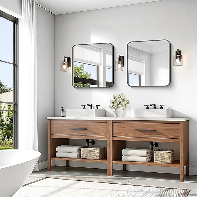 KOCUUY Square Bathroom Mirror, 24"x24" Black Rectangle Vanity Mirror, Black Metal Frame Mirror with Rounded Corner for Bathroom, Bedroom, Living Room, Entryway