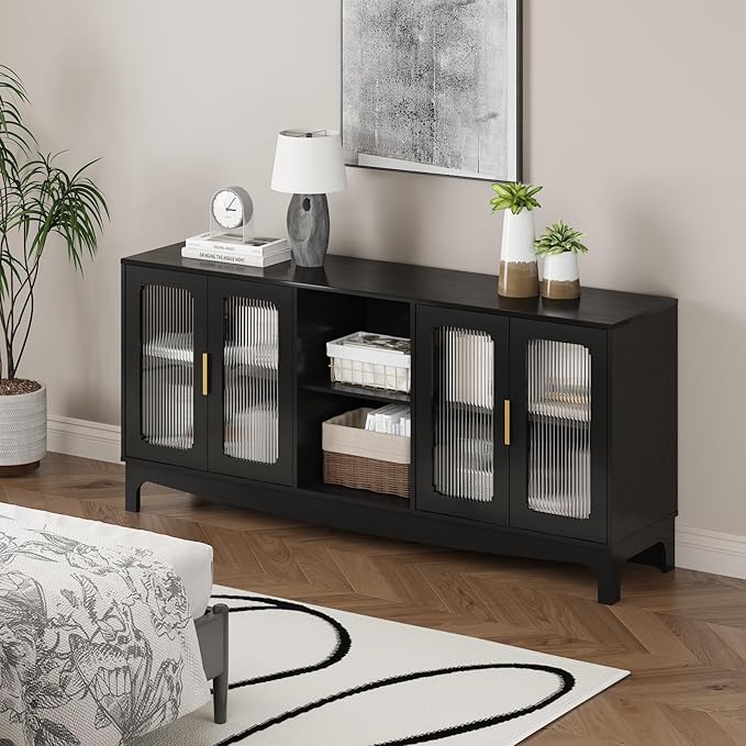 65 Inch Black TV Stand for TVs up to 70+ inch, Mid Century Modern Glass Door TV Console Table, Entertainment Center with Storage Cabinet, Wood Media Console for Bedroom, Living Room (Black)