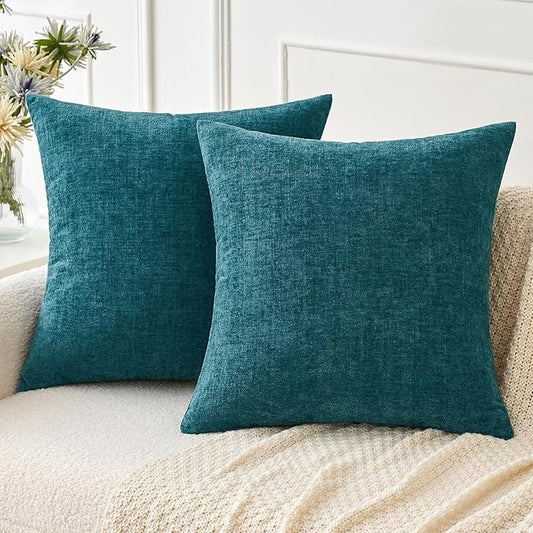 MIULEE Pack of 2 Dark Teal Throw Pillow Covers 16x16 Inch Soft Chenille Pillow Covers for Sofa Living Room Couch Solid Dyed Cases