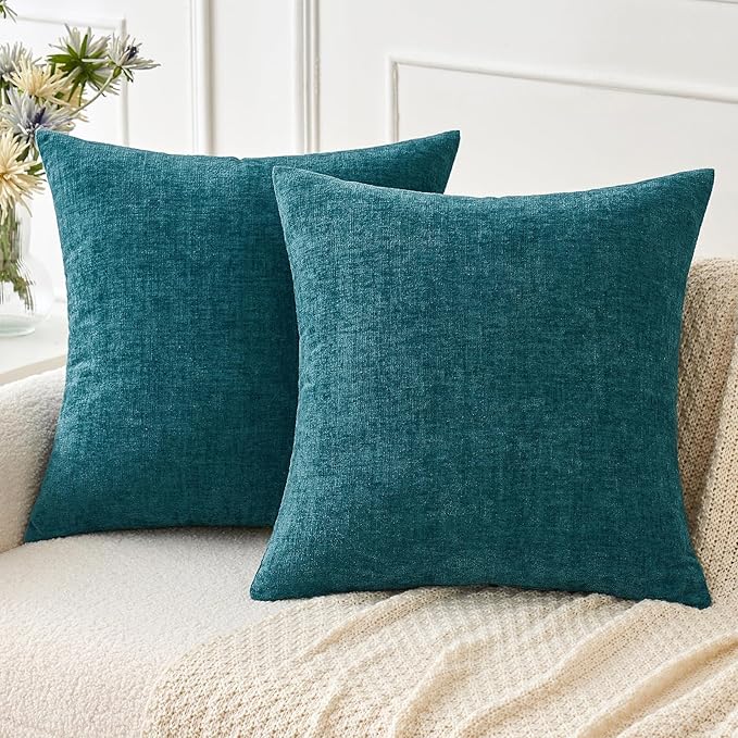 MIULEE Pack of 2 Dark Teal Throw Pillow Covers 20x20 Inch Soft Chenille Pillow Covers for Sofa Living Room Couch Solid Dyed Cases