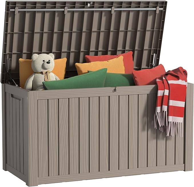 150 Gallon Outdoor Storage Box, Resin Waterproof UV-Resistant Deck Box with Hydraulic Lid Support, Reinforced Stability for Patio, Garden, and Poolside, Striped Gray