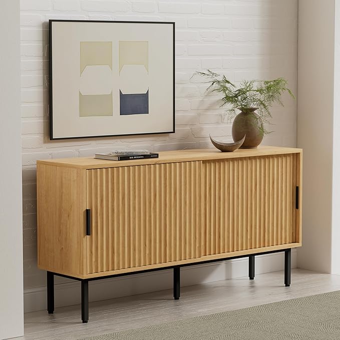 Fluted Tv Stand with Sliding Doors, 47" Modern Entertainment Center with Adjustable Shelves, Wood Media Console with Storage for Living Room, Natural Oak