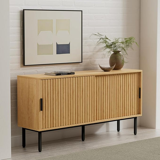 Fluted Tv Stand with Sliding Doors, 47" Modern Entertainment Center with Adjustable Shelves, Wood Media Console with Storage for Living Room, Natural Oak