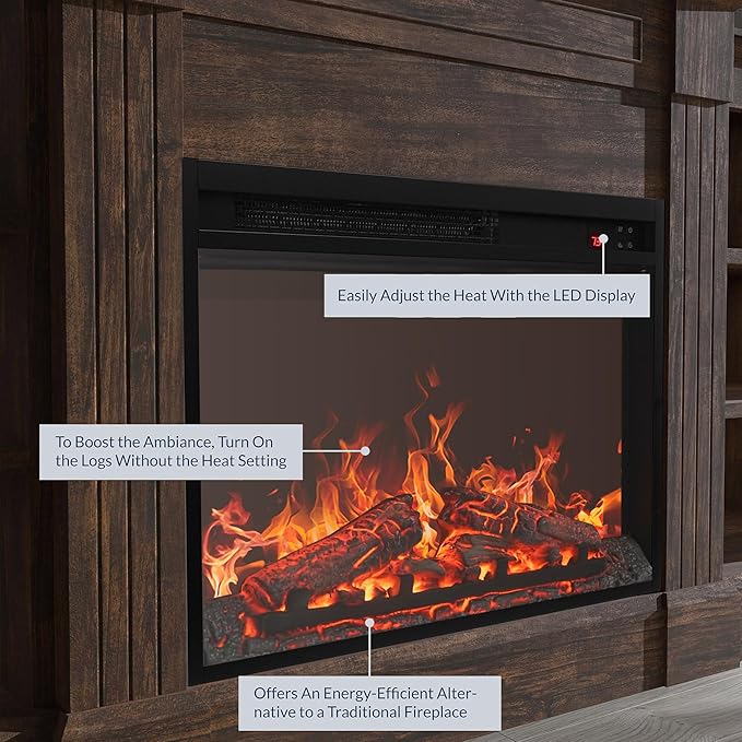 BELLEZE Modern 66" Electric Fireplace Heater Mantel TV Stand & Media Entertainment Center for TVs up to 66" with Energy-Efficient Heater with Sound and Side Shelves - Lenore (Brown)