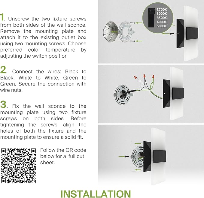 ASD 8 Inch LED Indoor Wall Sconce - Modern Interior 10W 120V 2700K-5000K Adjustable Dimmable Wall Mounted Light Fixtures, Acrylic Glass Wall Lights for Stairway, Hallway - ETL, Matte Black